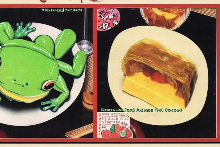 Image similar to anime frog and cheese aspic, cookbook photo 1 9 8 2,