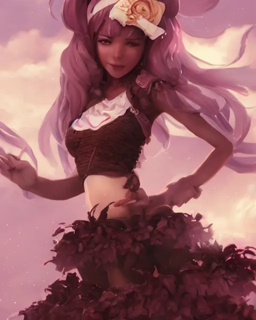 Prompt: a ( girl as personification of chocolate cupcake ), fantasy bakery, digital art by artgerm, krenz cushart, laurie greasly, wlop, intricate, ( highly detailed figure ), sharp focus, smooth, epic composition, joyful, unreal engine