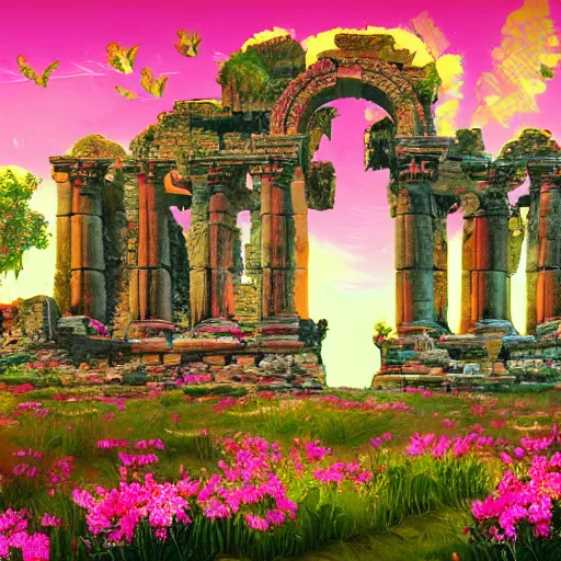 Image similar to ancient ruins covered with flowers, epic retrowave art, trending on art station