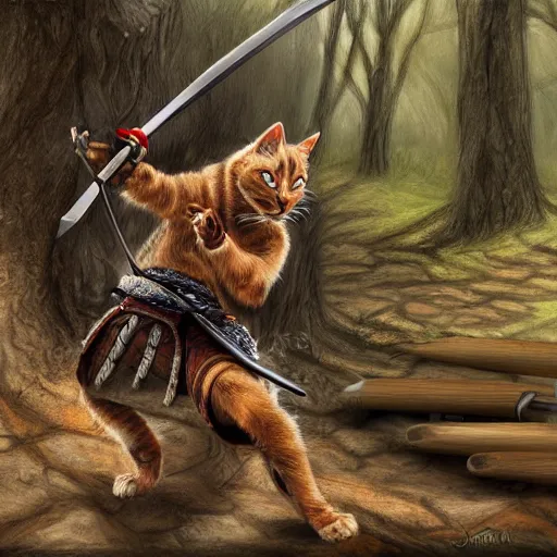 Prompt: samurai anthropomorphic cat sharpening a sword near a fire in the woods, photorealistic, intricate, highly detailed, smooth, sharp focus, digital painting,