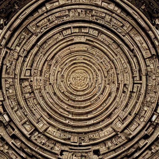 Image similar to Aereal view of an ancient intricate labyrinth, intricate, baroque, wonderland, photorealistic, photography, octane, high definition, detailed, 8k, artstation