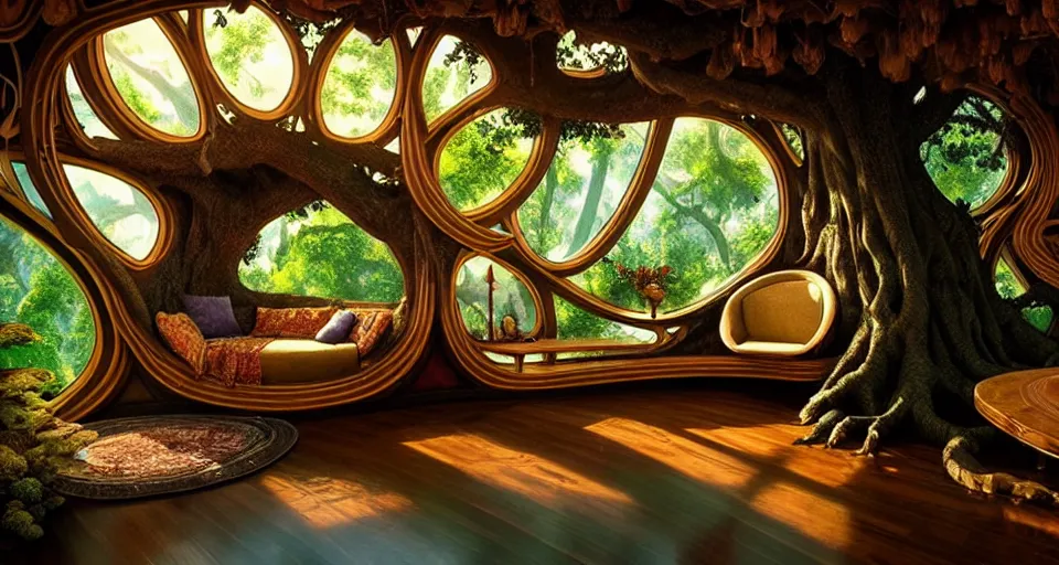 Image similar to An incredibly beautiful scene from a 2022 Marvel film featuring a cozy art nouveau reading nook inside of a fantasy tree house. 8K UHD.