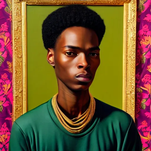 Image similar to A portrait of a skinny stylish and attractive non-binary person, oil painting by Kehinde Wiley, majestic, detailed, high resolution