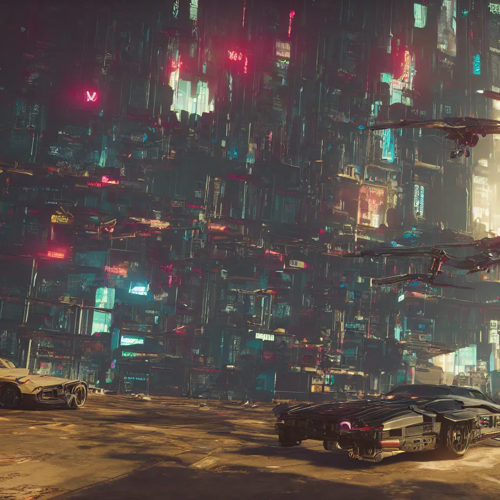 Image similar to Cyberpunk 2077. CP2077. 3840 x 2160. evil cyberdrone, punkdrone, looming drone, hovering drone, deadly drone,