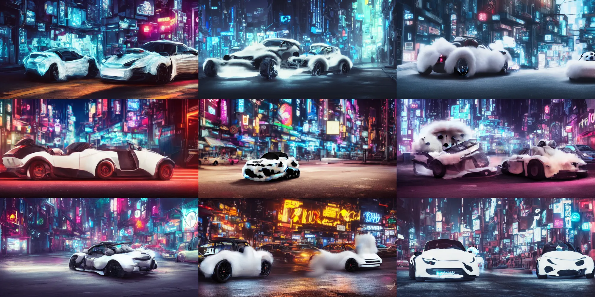 Image similar to a fluffy roadster covered with white fur and in the style of a panda, parking in the street, Cyberpunk, neon light, 4k, hd, highly detailed