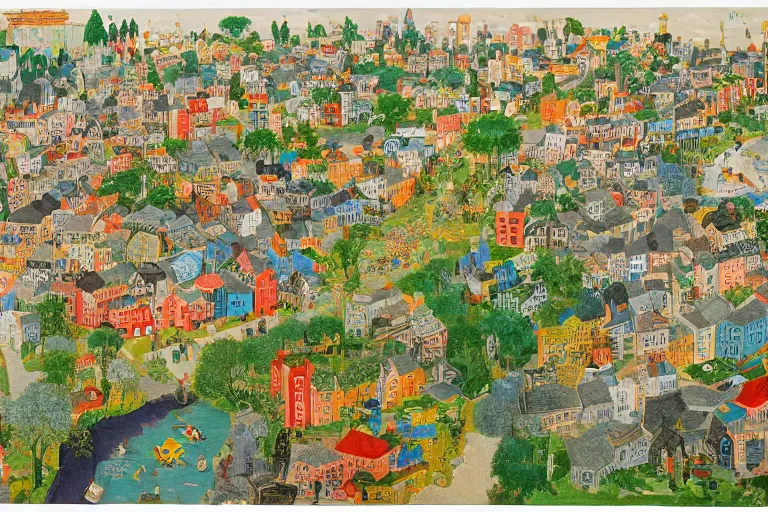 Image similar to an elaborate and dense painting of a peaceful neighborhood, detailed, made of alcohol ink on parchment and penned illustrations, by richard scarry and bosch