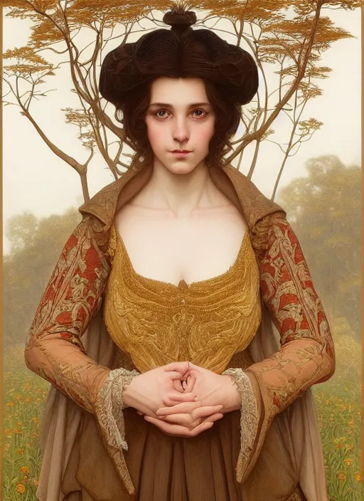 Prompt: symmetry portrait of welsh brunette fully clothed princess in young man's clothes, short hair, renaissance, forest background, intricate, elegant, highly detailed, digital painting, artstation, concept art, smooth, sharp focus, illustration, art by artgerm and greg rutkowski and fra angelico and alphons mucha