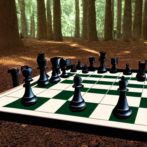 Prompt: videogame still of epic 3D chessboard and chess pieces in the magic kingdom forest of trees style