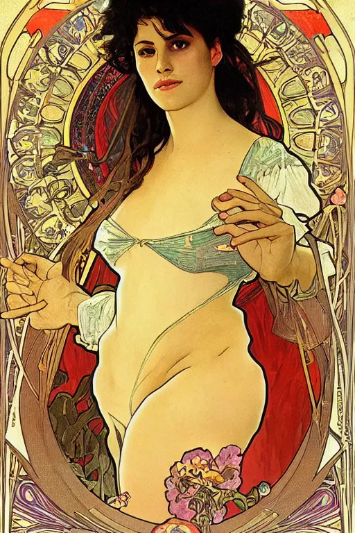 Image similar to portrait of monica belucci from the movie malena, artwork by alphonse mucha