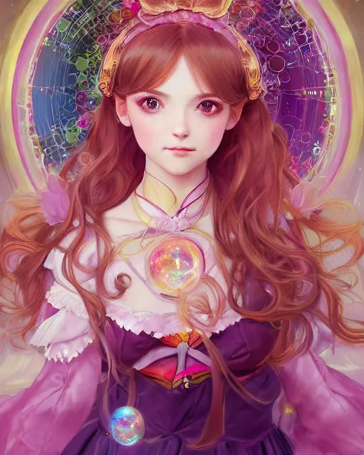 Image similar to portrait of magical lolita girl, dreamy and ethereal, expressive pose, big gold eyes, exciting expression, fantasy, intricate, elegant, many rainbow bubbles, rose tones, highly detailed, anime, artstation, concept art, cyberpunk wearing, smooth, sharp focus, illustration, art by artgerm and greg rutkowskiand alphonse mucha