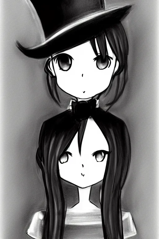 Image similar to cute loli in a tall black top hat, face profile, pencil sketch, gray scale, mysterious, anime style