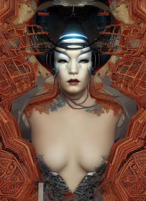 Image similar to portrait of a sensual cyberpunk geisha cyborg with headpiece, imari, modern fine art, fractal, in the style of ghosts in the shell, intricate ornaments, elegant, highly detailed, digital photography, subsurface scattering, by mc escher and greg rutkowski,