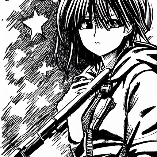 Prompt: manga style, clean simple line art, portrait of girl, under artillery fire, trench sandbags in background, professional composition, soldier clothing, short hair, hair down, symmetrical facial features, detailed drawing, top ranked manga, by kentaro miura