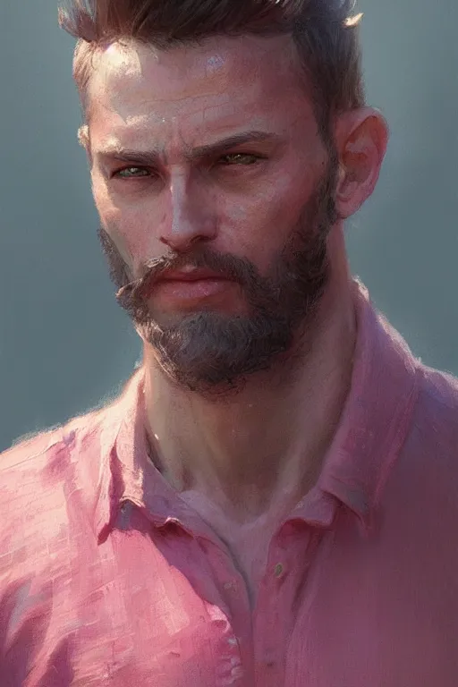 Image similar to painted portrait of realistic wold wearing pink shirt, mature, handsome, blue eyes, intricate, digital painting, artstation, concept art, smooth, sharp focus, illustration, art by gaston bussiere and greg rutkowski