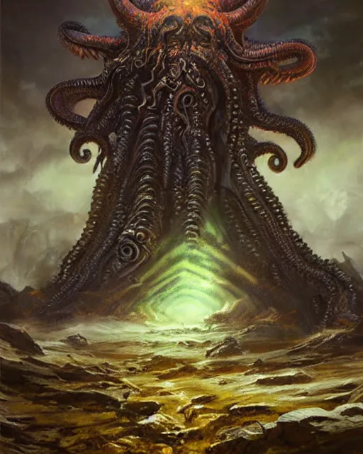 Prompt: inconceivable otherworldly massive cthulu god rising from a grim landscape, epic painting by richard schmid. elder god lovecraft mythology