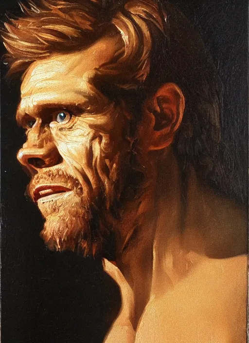 Image similar to portrait painting of willem dafoe with stubble, renaissance oil painting, chiaroscuro