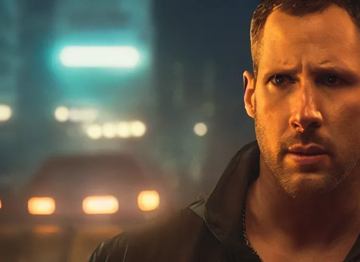 Image similar to a full shot, color cinema film still of johnathan banks in blade runner 2 0 4 9, cinematic lighting at night.