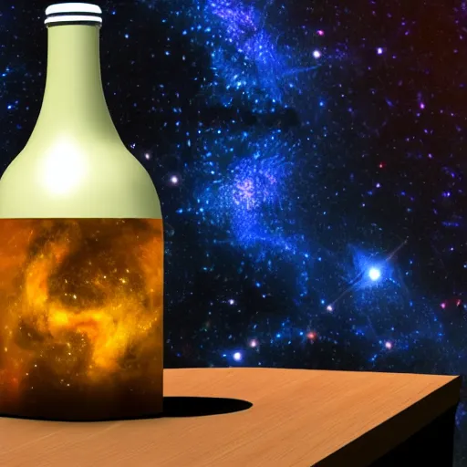 Prompt: a bottle is sitting on the table, it has a galaxy inside