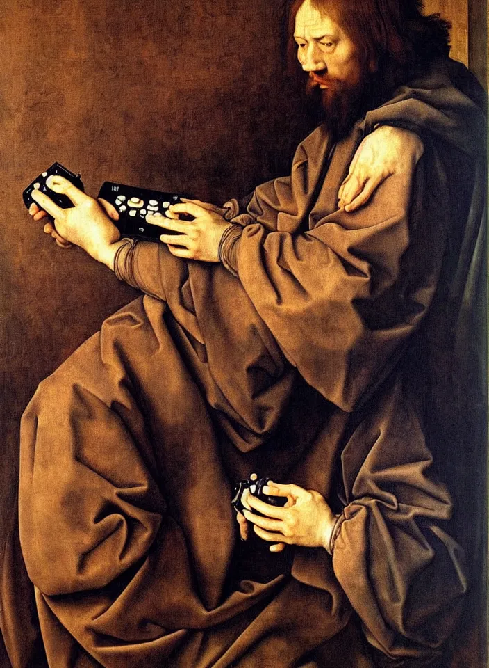 Prompt: Portrait of a man playing Nintendo 64 on a CRT. Painting by Albrecht Dürer. Intricate details. hyper realism. Masterpiece.