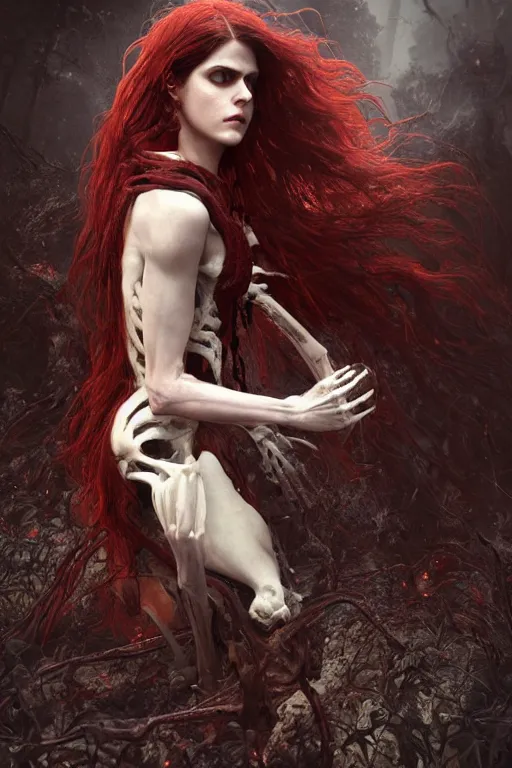 Image similar to woman black skeleton body covered with blood, alexandra daddario face, long red hair, ultra realistic, concept art, intricate details, highly detailed, photorealistic, octane render, 8 k, unreal engine. retro film still, heavy grain, 3 5 mm, art by artgerm and greg rutkowski and alphonse mucha