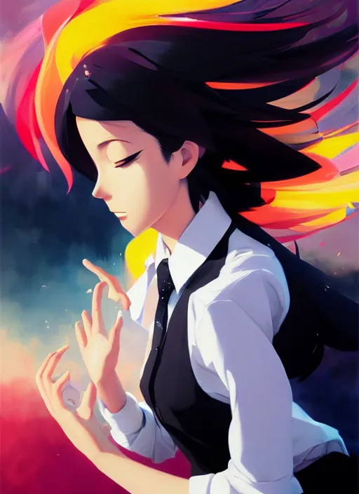 Image similar to a ultradetailed beautiful panting of a stylish woman wearing a shirt with a tie, she has black hair, dancing, background explosion, by makoto shinkai, jesper ejsing, rhads, makoto shinkai, trending on artstation