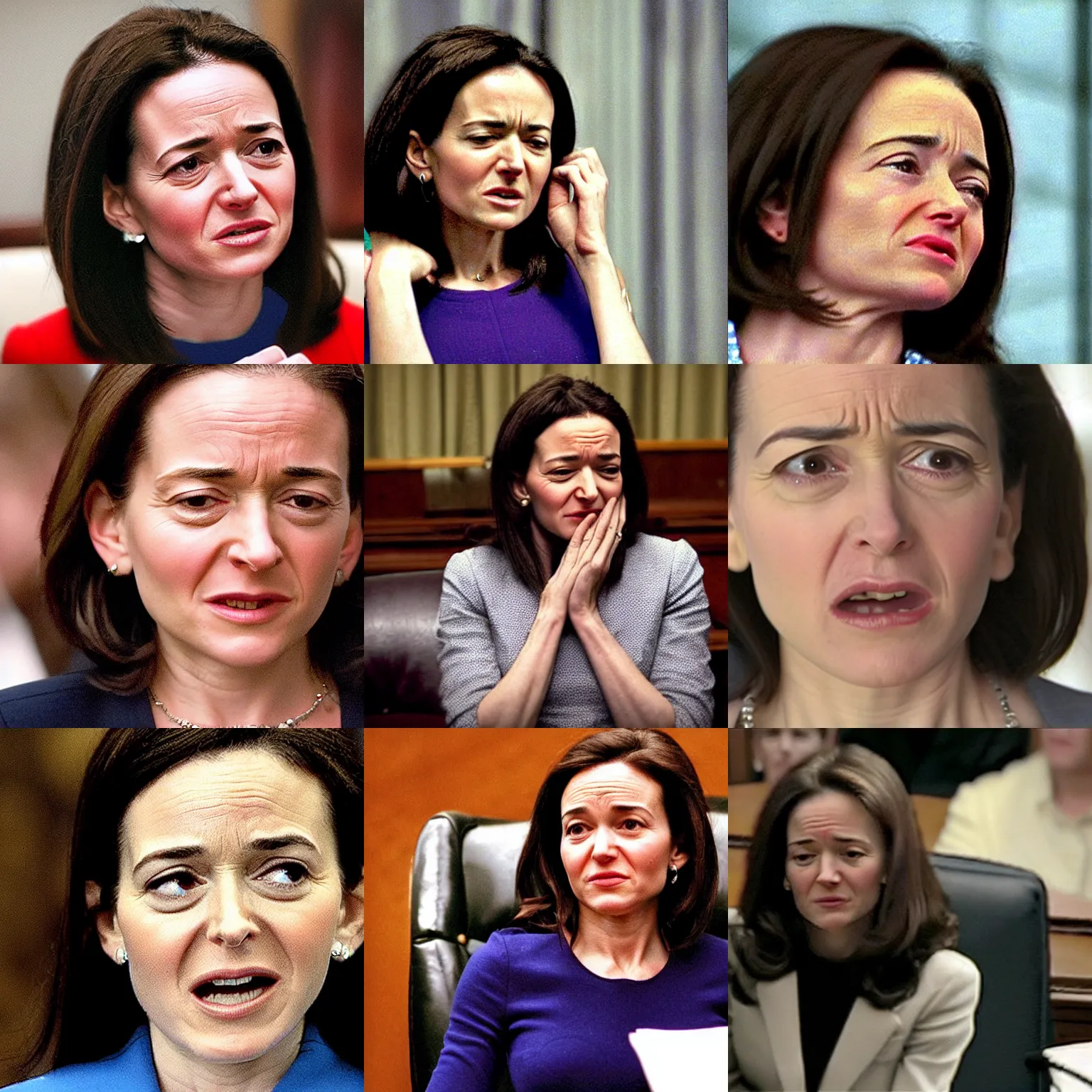 Prompt: Movie still of a crying Sheryl Sandberg crying in front of Congress, from Facebook The Movie (2007), directed by Steven Spielberg