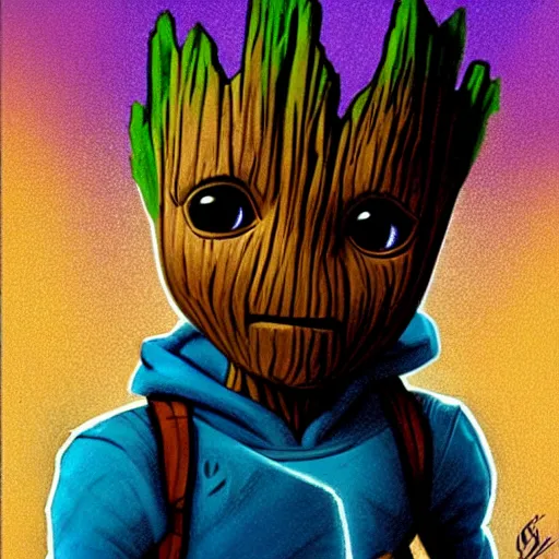 Image similar to a baby groot portrait in the style of drew struzan