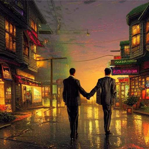 Prompt: two businessmen handing over a briefcase, detailed digital illustration by thomas kinkade, cyberpunk back alley, nighttime