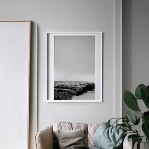 Image similar to a minimalist mockup photo with large blank frame, in a white boho style studio, i cozy coastal style home interior, trending on pinterest