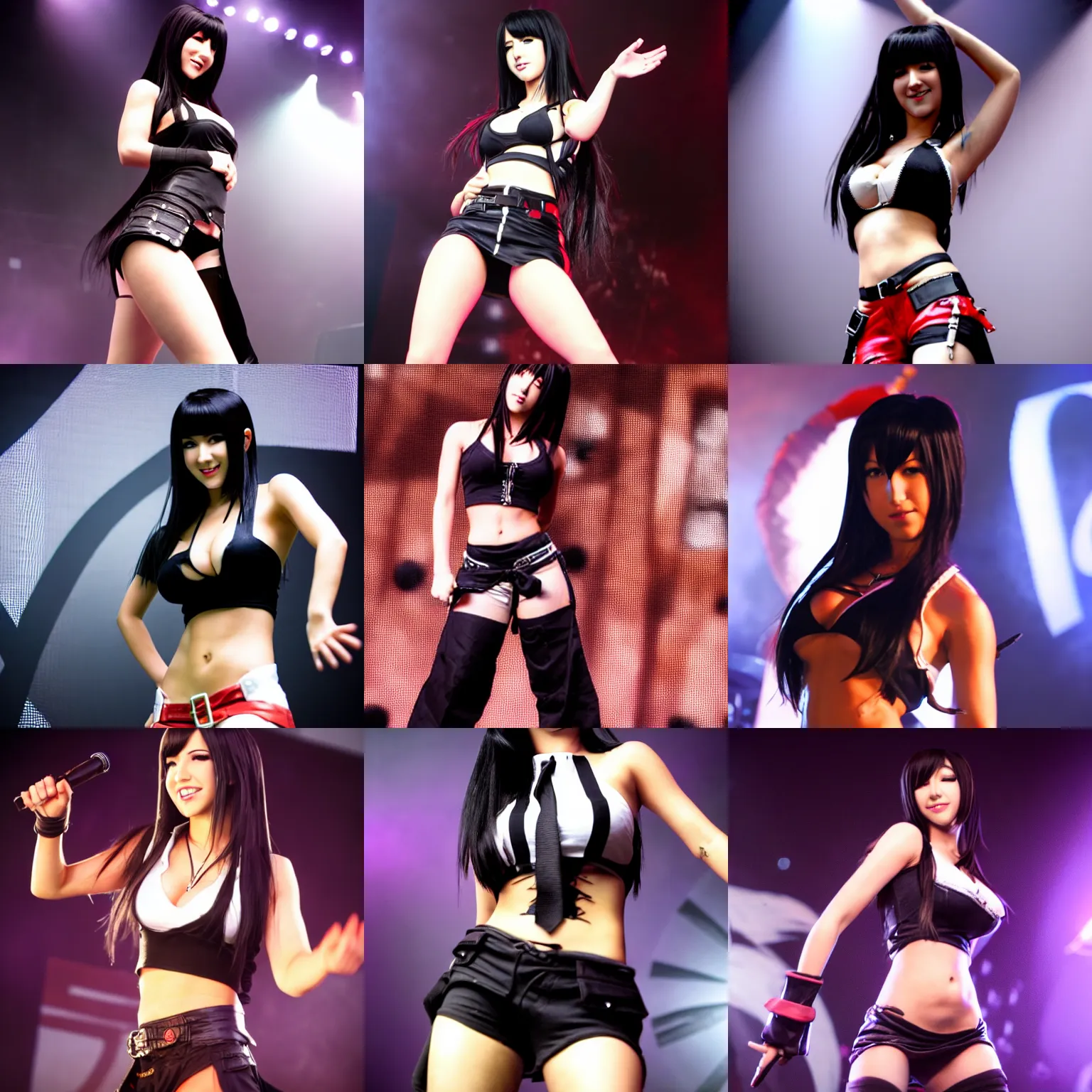 Prompt: photo of Tifa from Final Fantasy performing on stage, belly button showing