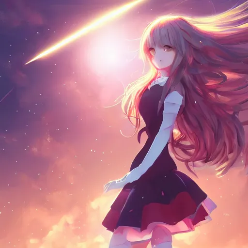 Image similar to anime, full body, bunny girl, a cute female reach out to camera, shooting star in background, long wavy hair, light and shadow effects, highly detailed, digital painting, art station, sharp focus, high quality, frontal view, illustration, concept art, wlop