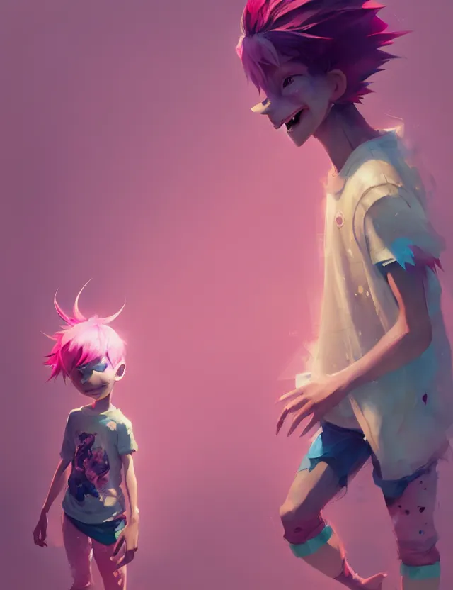 Image similar to beautiful cute boy with pink hair barefoot wearing tshirt and leggings under shorts. character design by cory loftis, fenghua zhong, ryohei hase, ismail inceoglu and ruan jia. artstation, volumetric light, detailed, photorealistic, fantasy, rendered in octane