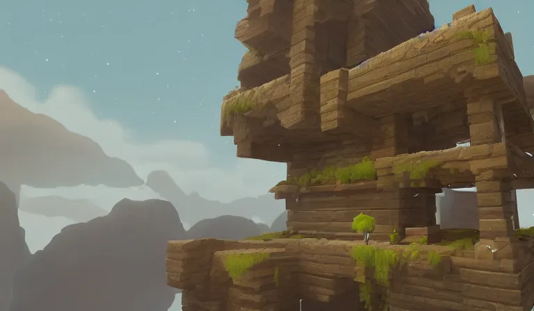 Prompt: A serene landscape with a singular building in the style of epic.