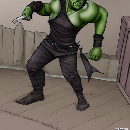 Image similar to shifty looking male rogue, hyperrealistic sneaking behind orc