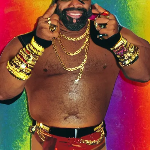 Image similar to a photograph of joe rogan as mr. t wearing many gold chains with a psychedelic dmt background