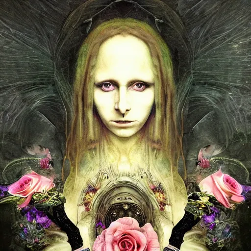 Image similar to semi - realistic weird and scary beautiful metaphysical portrait gothic style in style of hieronymus bosch anne stoke sharp focus 8 k holografic roses