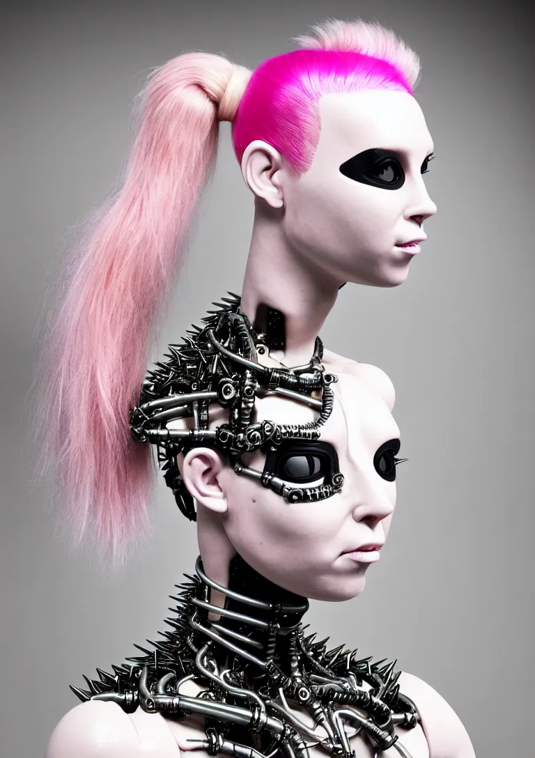 Image similar to portrait of a biomechanical goddess wearing a steel spikes studded iridescent beauty mask and pink hair buns, wearing a black bodysuit by alexander mcqueen, cream white background, soft diffused light, biotechnology, humanoid robot, perfectly symmetric, bjork aesthetic, translucent, by rineke dijkstra, intricate details, highly detailed, masterpiece,