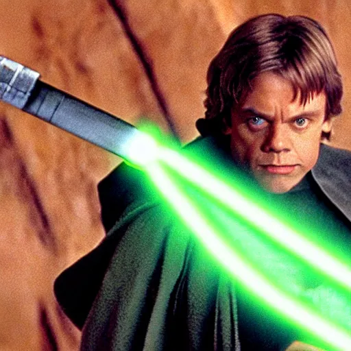 Image similar to a still from a film featuring clean shaven mark hamill as jedi master luke skywalker, holding a green lightsaber by the hilt, full body, 3 5 mm, directed by steven spielberg, 1 9 9 4