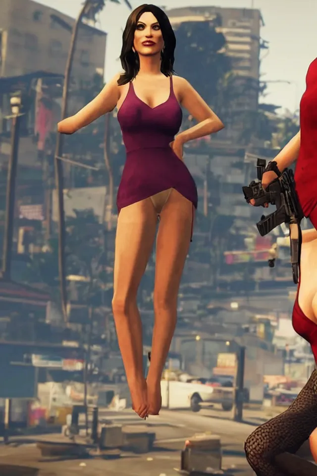 Prompt: A GTA 5 game loading screen featuring Monica Belluci