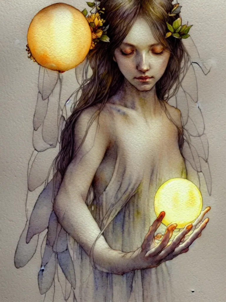 Prompt: study of a flower fairy, holding glowing white orb in hands, illustration, watercolor, alan lee, detailed, pretty, ethereal, realistic, refined, beautiful, artstation,