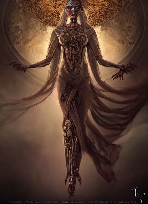 Prompt: epic portrait of menacing and agitated yet stunningly beautiful biomechanical djinn priestess of creation overseeing the iridescent fabric of the universe, by charlie bowater, mandy jurgens, gustav klimt, octane render, dramatic camera angle, 4k, 8k, high detail, HDR, by tom bagshaw, powerful, with inspiration from Beksinski, inspired by greek goddess Athena