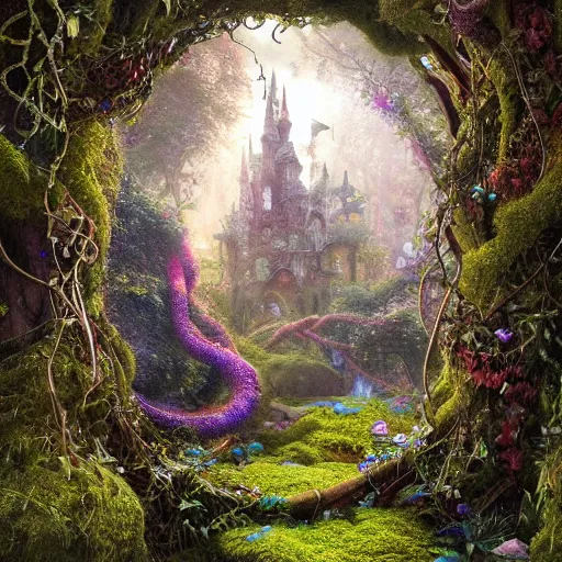 Image similar to a beautiful and highly detailed digital painting of a portal to fairyland, iridescent crystals, moss, multicoloured vines, tangled, the secret garden. intricate details, epic scale, hyperdetailed, hyperrealism,, artstation, cgsociety, 8 k, sharp focus, by caspar friedrich, albert bierstadt, james gurney, brian froud,