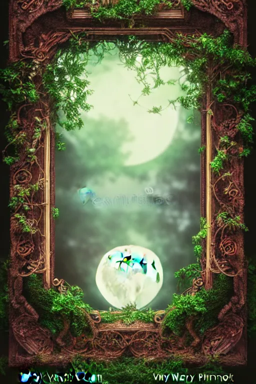 Prompt: book cover, frame border with ivy, high quality fantasy stock photo, unsplash transparent, forest and moon, intricate detail, elegant, hyper realistic, ultra detailed, octane render, volumetric cinematic lighting, 8 k post - production