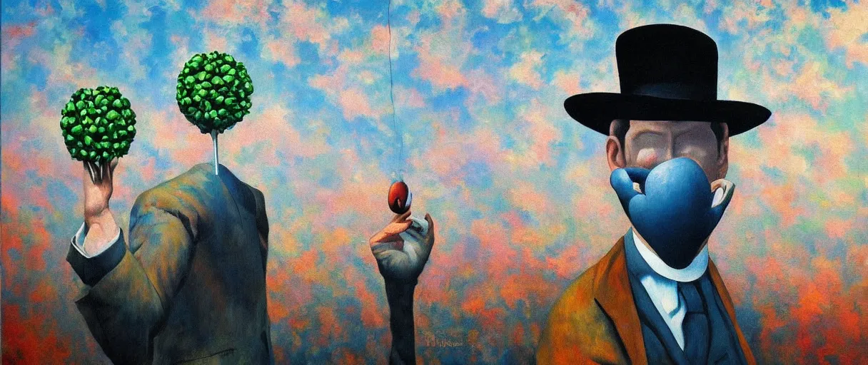 Image similar to you won't ever catch my love detailed and highly reliefed oil painting with canvas texture in style of Magritte and Pollock photorealistic, surrealism, expressionism, masterpiece, balanced composition, vivid colors, trending on artstation