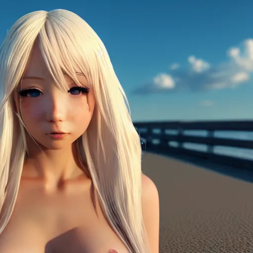 Image similar to Render of a very beautiful 3d anime girl, long white hair, hazel eyes, cute freckles, full round face, short smile, bikini top, golden hour, serene beach setting, medium shot, mid-shot, highly detailed, trending on Artstation, Unreal Engine 4k