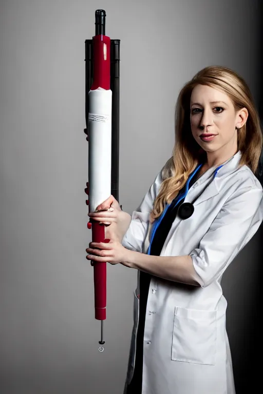 Image similar to elizabeth holmes as a psychopath nurse holding a giant syringe, cosplay, studio lighting