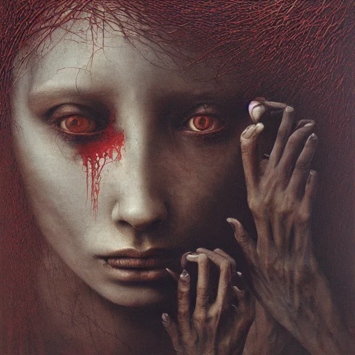 Image similar to beksinski, zdzisław - her eyes wide, oil on canvas