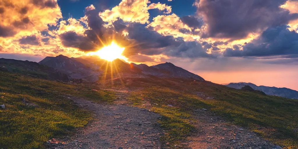 Prompt: A view of a path that goes down a mountain, sunset, lens flare, clouds overhead
