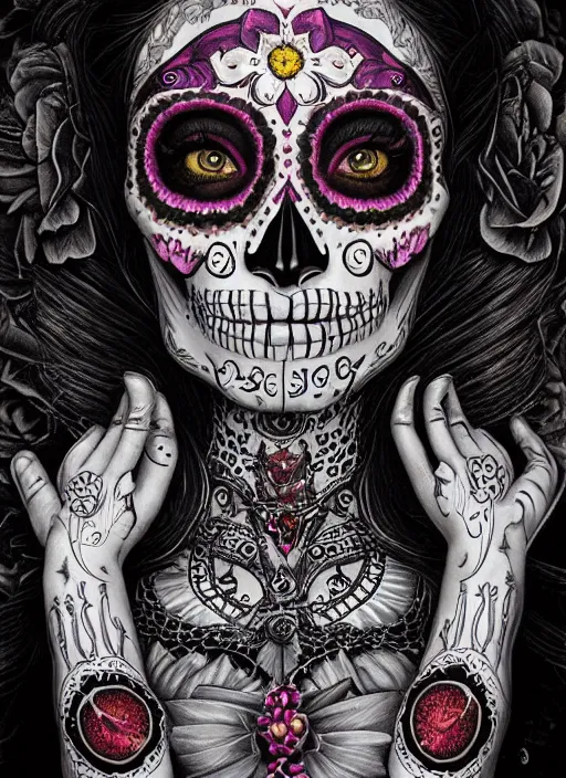 Image similar to portrait of a sugar skull creepy doll, obsidian eyes, intricate, highly detailed, smooth, digital illustration, the dark and quirky art of scott radke