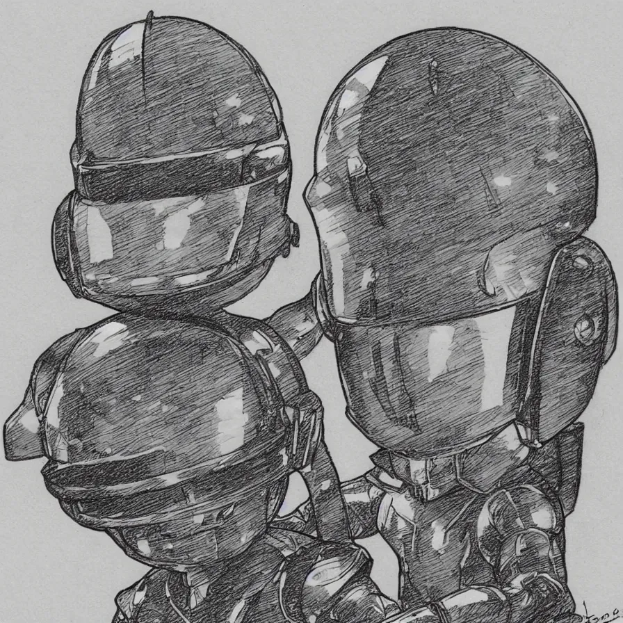 Image similar to sketch of a cute chibi dnd daft punk gnome wearing a helmet, dancing, etching by louis le breton, moebius 1 8 6 9, 1 2 0 0 dpi scan